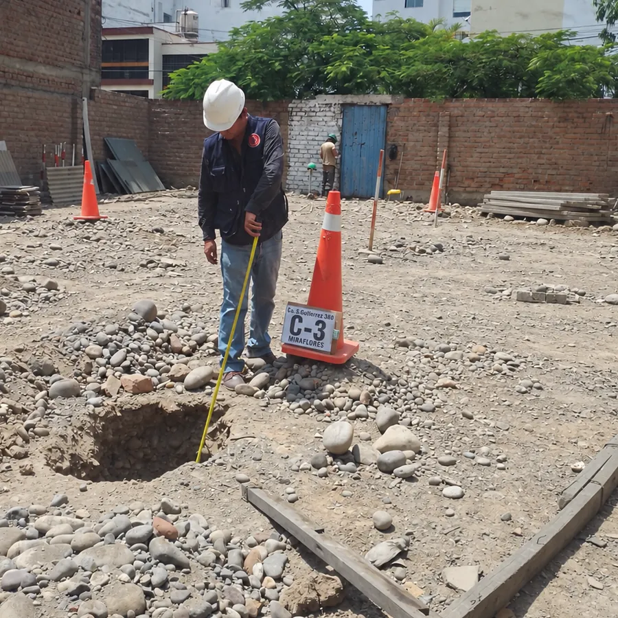 Contratista realizando calicatas para el estudio de suelos · Proyecto Mori · Miraflores, Lima