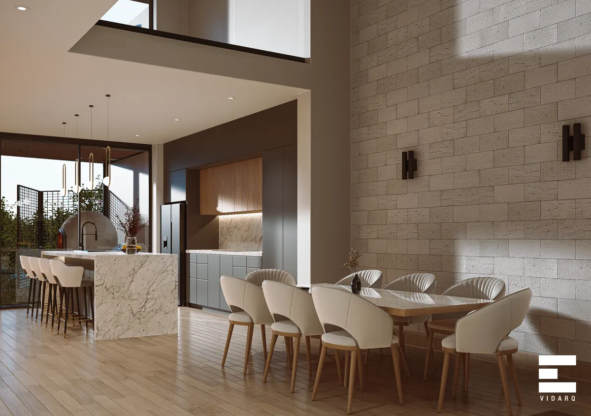 Comedor y cocina integrados de un proyecto de VIDARQ